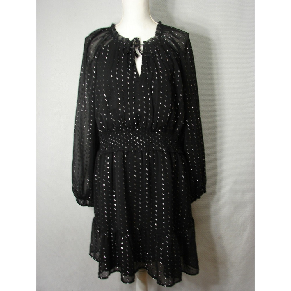 New Old Navy Black Silver Metallic Dot Peasant Dress Sheer Long Sleeve XL